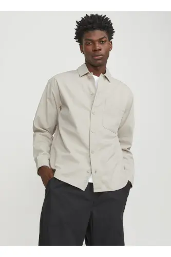 Relaxed cream men's shirt JCOCOLLECTIVE ZAC OVERSHIRT LS SN - 3