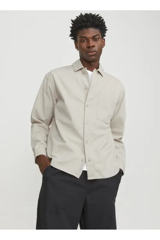 Relaxed cream men's shirt JCOCOLLECTIVE ZAC OVERSHIRT LS SN - 3
