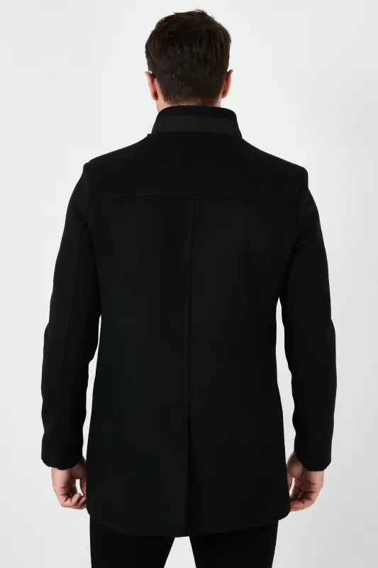 Relaxed Fit Buttoned Stand-up Collar Wool Blend Coat Men's COAT 5840099 - BLACK - 6