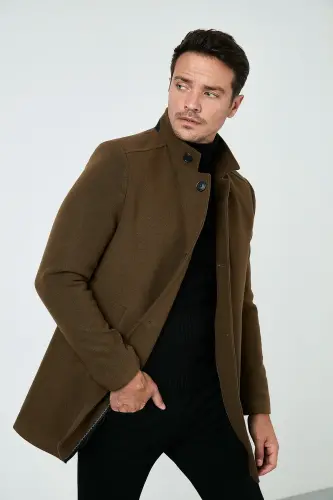 Relaxed Fit Buttoned Stand-Up Collar Wool Coat Men's COAT 5840099 - TAN - 3