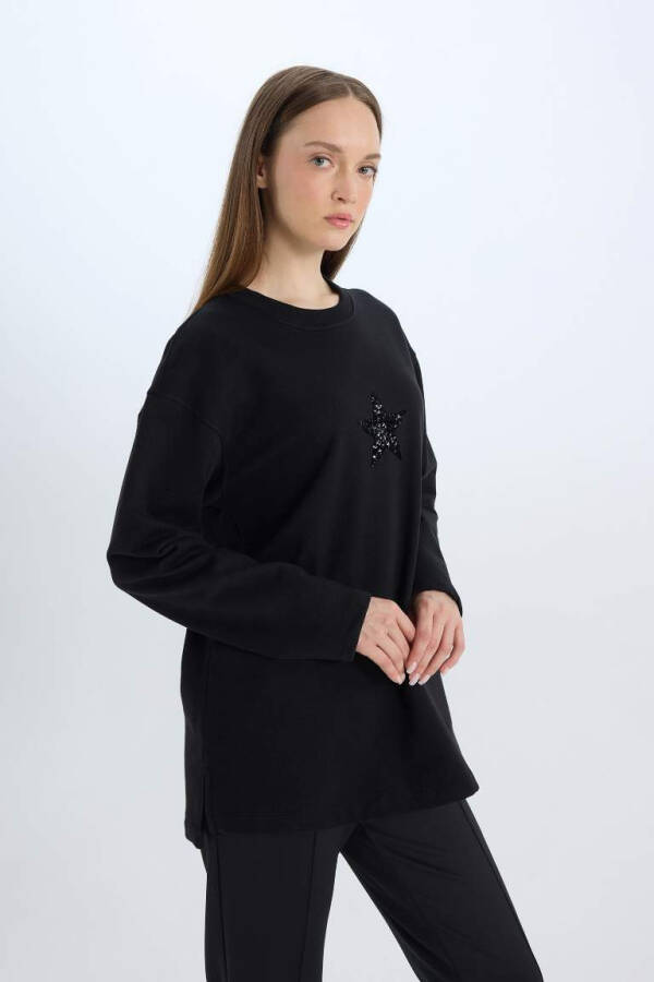 Relaxed Fit Cycling Collar Printed Inside Soft Fleece Sweatshirt Tunic Black - 13