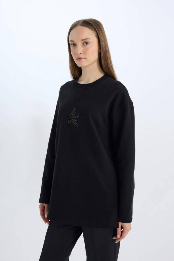 Relaxed Fit Cycling Collar Printed Inside Soft Fleece Sweatshirt Tunic Black - 14