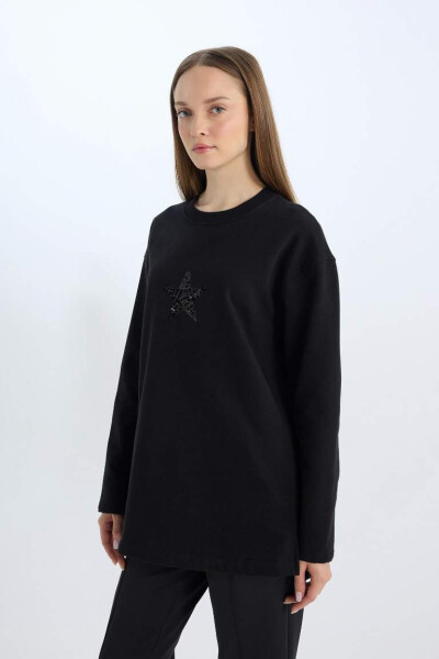 Relaxed Fit Cycling Collar Printed Inside Soft Fleece Sweatshirt Tunic Black - 6