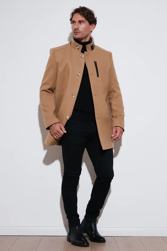Relaxed Fit Düğmeli Dik Yaka Kaşe Kaban Erkek KABAN 5840099-CAMEL - 1