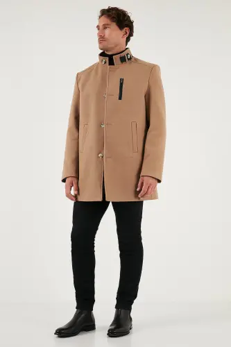 Relaxed Fit Düğmeli Dik Yaka Kaşe Kaban Erkek KABAN 5840099-CAMEL - 4
