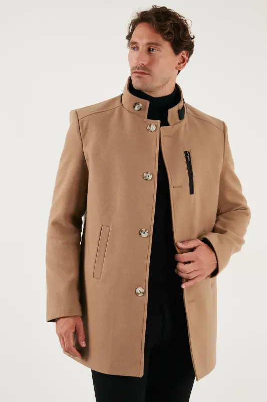 Relaxed Fit Düğmeli Dik Yaka Kaşe Kaban Erkek KABAN 5840099-CAMEL - 3