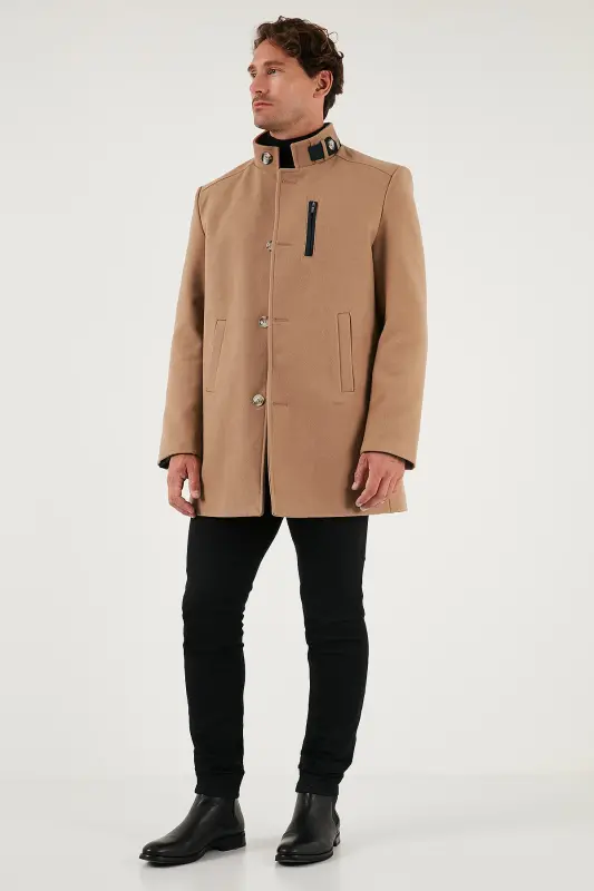 Relaxed Fit Düğmeli Dik Yaka Kaşe Kaban Erkek KABAN 5840099-CAMEL - 4