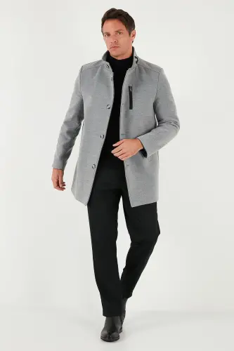 Relaxed Fit Düğmeli Dik Yaka Kaşe Kaban Erkek KABAN 5840099-GRİ 