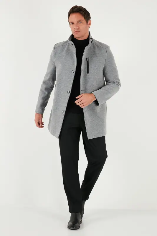 Relaxed Fit Düğmeli Dik Yaka Kaşe Kaban Erkek KABAN 5840099-GRİ - 1