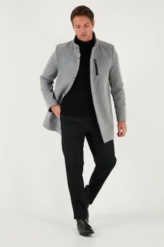 Relaxed Fit Düğmeli Dik Yaka Kaşe Kaban Erkek KABAN 5840099-GRİ - 3