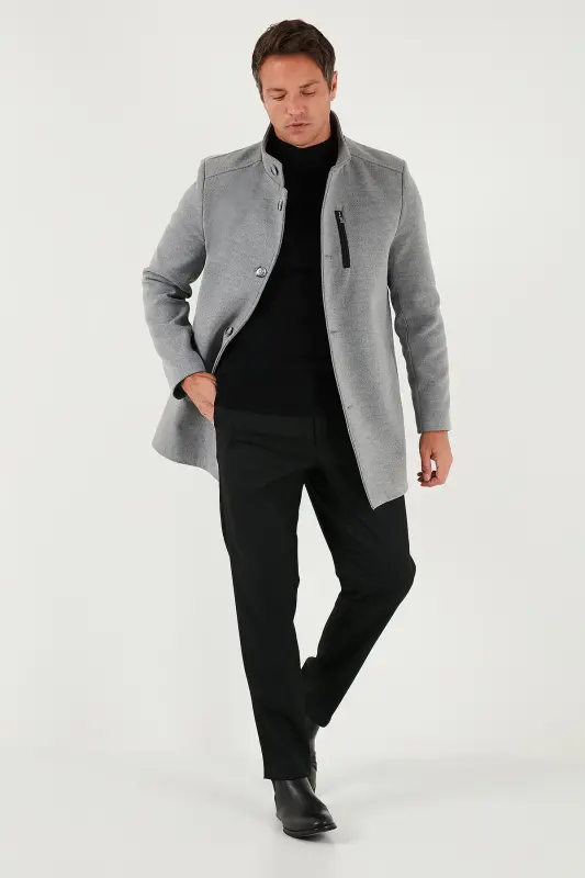 Relaxed Fit Düğmeli Dik Yaka Kaşe Kaban Erkek KABAN 5840099-GRİ - 3