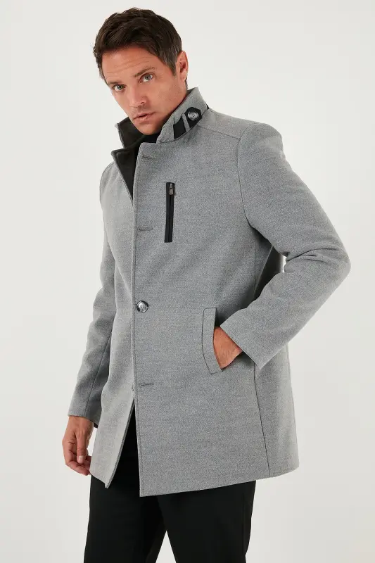 Relaxed Fit Düğmeli Dik Yaka Kaşe Kaban Erkek KABAN 5840099-GRİ - 5