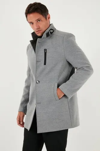 Relaxed Fit Düğmeli Dik Yaka Kaşe Kaban Erkek KABAN 5840099-GRİ - 5
