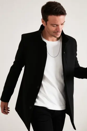 Relaxed Fit Düğmeli Dik Yaka Kaşe Kaban Erkek KABAN 5840099 - SİYAH - 3