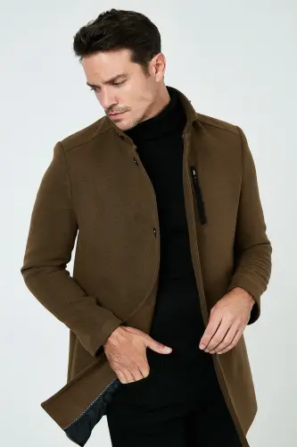 Relaxed Fit Düğmeli Dik Yaka Kaşe Kaban Erkek KABAN 5840099 - TABA - BURATTI (1)