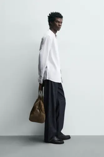 PAMUKLU KETEN GÖMLEK-Beyaz - 4