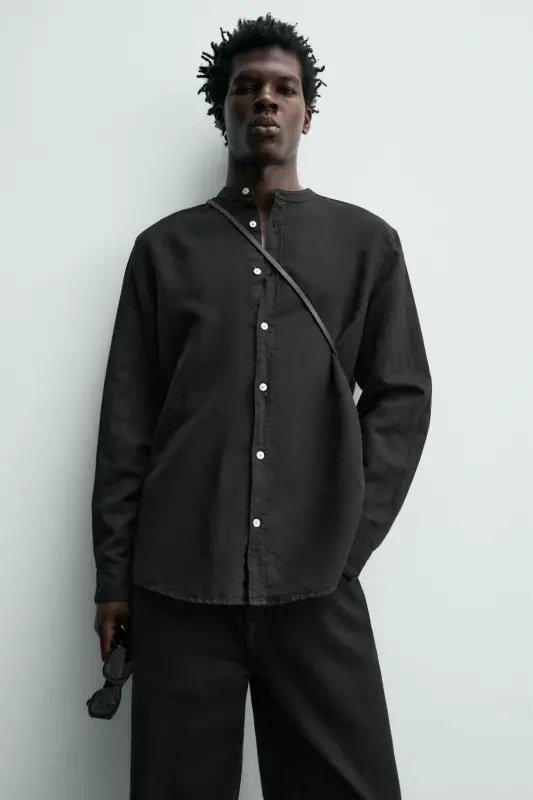 RELAXED FIT LINEN AND COTTON SHIRT-Black - 5