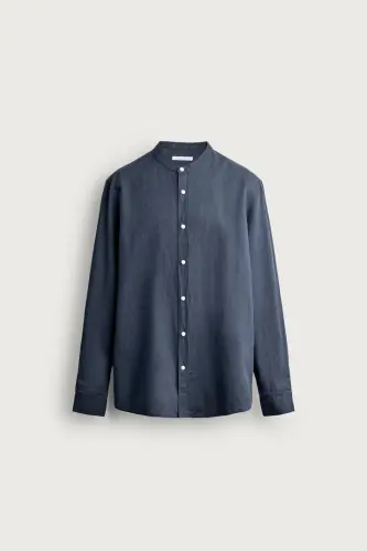 RELAXED FIT LINEN AND COTTON SHIRT-Dark blue 