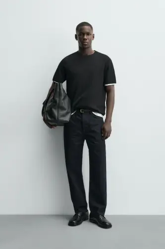 RELAXED FIT ÖRGÜ TİŞÖRT-Siyah - 4