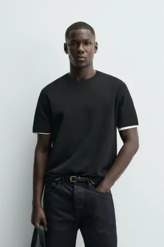 RELAXED FIT ÖRGÜ TİŞÖRT-Siyah - 5