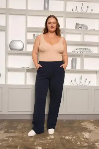 Relaxed Fit Plus Size Basic Trousers Navy Blue - 4
