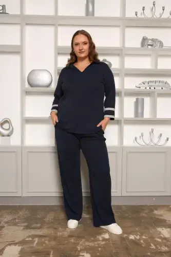Relaxed Fit Plus Size Basic Trousers Navy Blue - 5