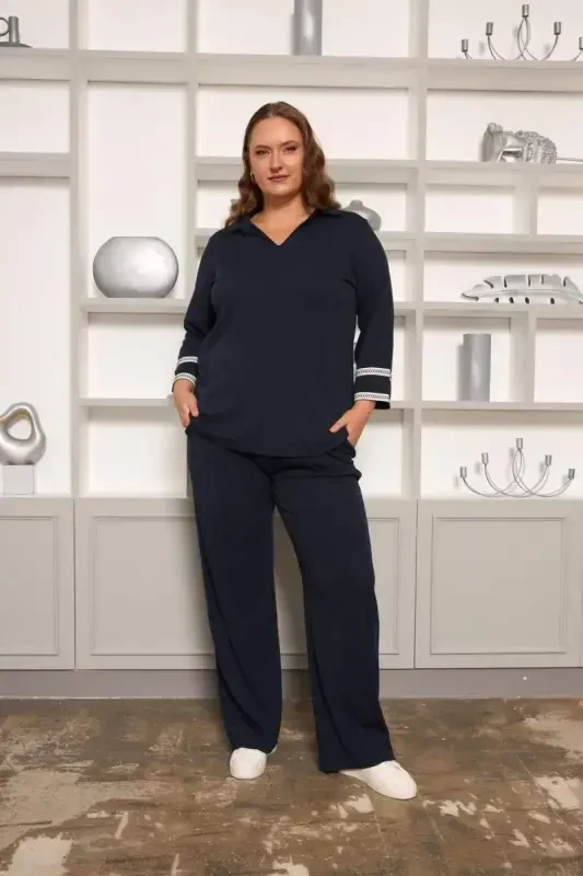 Relaxed Fit Plus Size Basic Trousers Navy Blue - 5