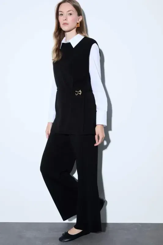 Relaxed Fit Wide Leg Trousers-Black - 2