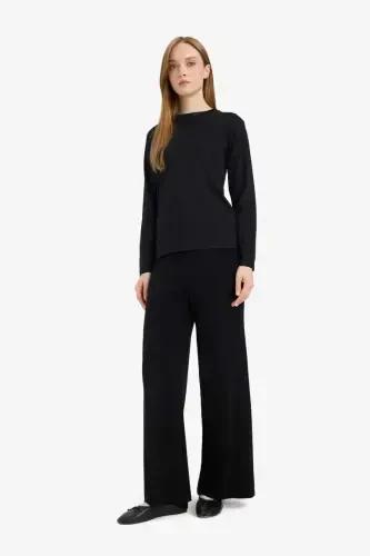 Relaxed Fit Wide Leg Trousers-Black - 3