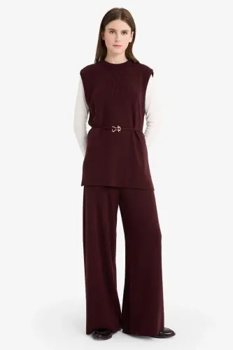 Relaxed Fit Wide Leg Trousers-Burgundy - 3
