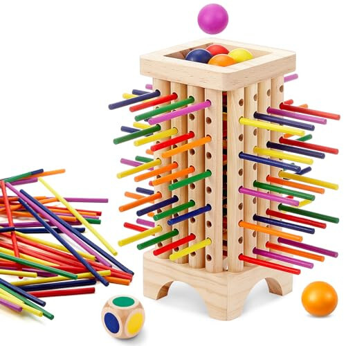 Relaxgiant Montessori Game with 42 Colorful Wooden Sticks Tower Dice Ball Wooden Board Games Fine Motor Skills Counting Math Educational Toys for 3-6 Years Old Boys Girls Family Travel Game Gifts - 43