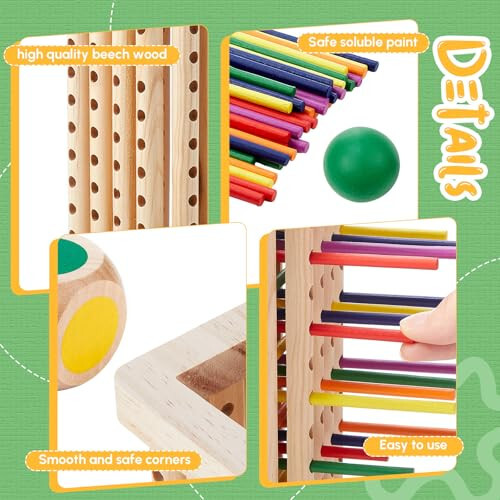 Relaxgiant Montessori Game with 42 Colorful Wooden Sticks Tower Dice Ball Wooden Board Games Fine Motor Skills Counting Math Educational Toys for 3-6 Years Old Boys Girls Family Travel Game Gifts - 46