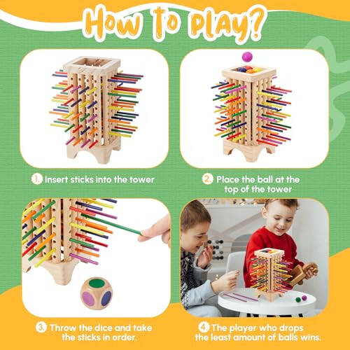 Relaxgiant Montessori Game with 42 Colorful Wooden Sticks Tower Dice Ball Wooden Board Games Fine Motor Skills Counting Math Educational Toys for 3-6 Years Old Boys Girls Family Travel Game Gifts - 47