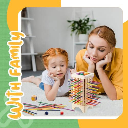 Relaxgiant Montessori Game with 42 Colorful Wooden Sticks Tower Dice Ball Wooden Board Games Fine Motor Skills Counting Math Educational Toys for 3-6 Years Old Boys Girls Family Travel Game Gifts - 48