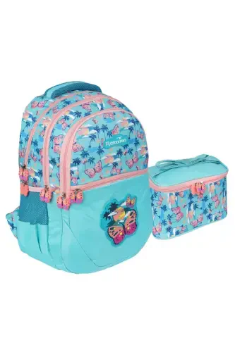 Relaxion Butterfly Figured Turquoise - Powder Pink Primary School Bag and Lunch Box-Powder - 1