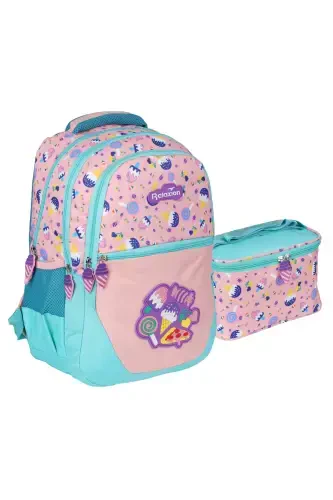 Relaxion Candy Figured Turquoise - Powder Pink Girl Elementary School Bag and Lunch Box-POWDER PINK TURQUOISE - 1