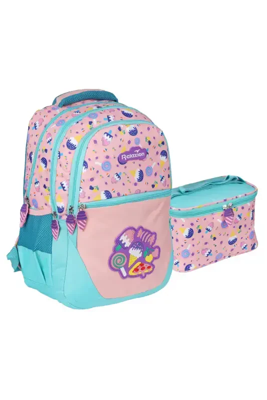 Relaxion Candy Figured Turquoise - Powder Pink Girl Elementary School Bag and Lunch Box-POWDER PINK TURQUOISE - RKY SERENITY