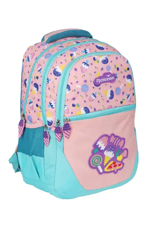 Relaxion Candy Figured Turquoise - Powder Pink Girl Elementary School Bag and Lunch Box-POWDER PINK TURQUOISE - 2