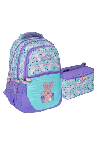 Relaxion Turquoise and Purple Rabbit Patterned Primary School Backpack Lunchbox Bag Set-TURQUOISE 