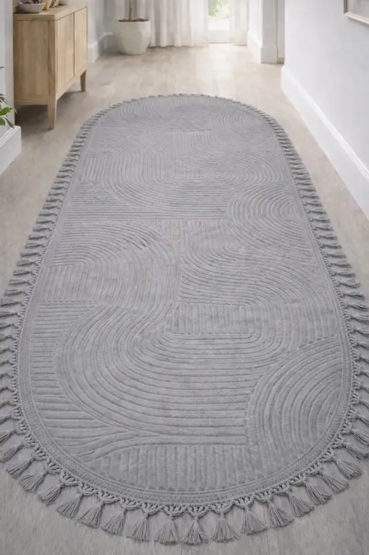 Relief Oval Knit Fringed Joy Non-Slip Washable Living Room Kitchen Hallway Runner Carpet Rug GREY - GREYtc1 - 1