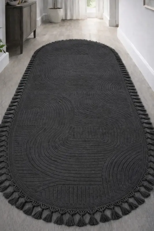 Relief Oval Knitted Fringe Joy Non-Slip Washable Living Room Kitchen Hallway Runner Carpet Rug ANTHRACITE - Anthracittc1 - 1