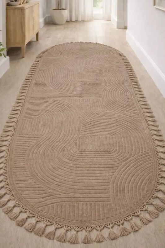 Relief Oval Knitted Fringed Joy Non-Slip Washable Living Room Kitchen Hallway Runner Carpet Rug MINK - MINKP01 - 1