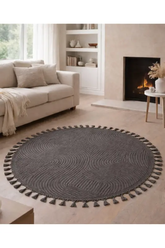 Relief Round Knit Fringed Joy Non-Slip Base Carpet Runner Rug ANTHRACITE - antrasitxxx1 - 1