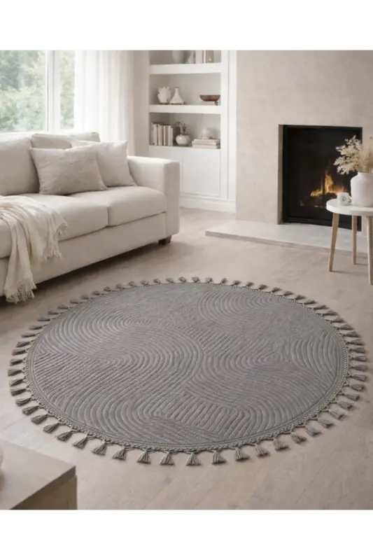 Relief Round Knitted Fringed Joy Non-Slip Base Carpet Runner Rug GREY - grixx1 - 1