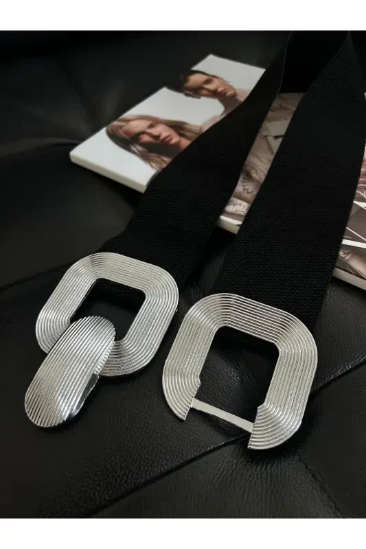 Ремень женский эластичный с серебряной пряжкой, ремень для куртки, ремень для рубашки, ремень для платья - черный - 3
