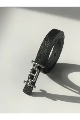 Ремень женский тонкий с серебряной пряжкой, брючный ремень, ремень для рубашки, ремень для куртки - черный - 3