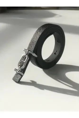 Ремень женский тонкий с серебряной пряжкой, брючный ремень, ремень для рубашки, ремень для куртки - черный - 8