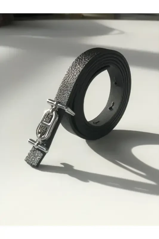 Ремень женский тонкий с серебряной пряжкой, брючный ремень, ремень для рубашки, ремень для куртки - черный - 8