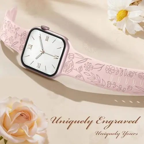 Ремешки Easuny, 8 шт., для женщин, совместимые с Apple Watch 40 мм, 41 мм, 38 мм, 42 мм, 44 мм, 45 мм, 46 мм, 49 мм iWatch Series 11 10 9 8 7 6 5 4 3 Ultra SE 3 SE 2nd, мягкие силиконовые цветочные браслеты с гравировкой. - 5