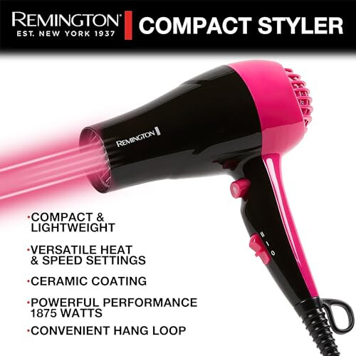 Remington Compact Styler - Small & Portable Hair Dryer - Ceramic Blow Dryer with 2 Heat/Speed Settings & Cool Shot Button for Smooth Finish - Travel Size Lightweight Handheld Dryer, 1875W - 2